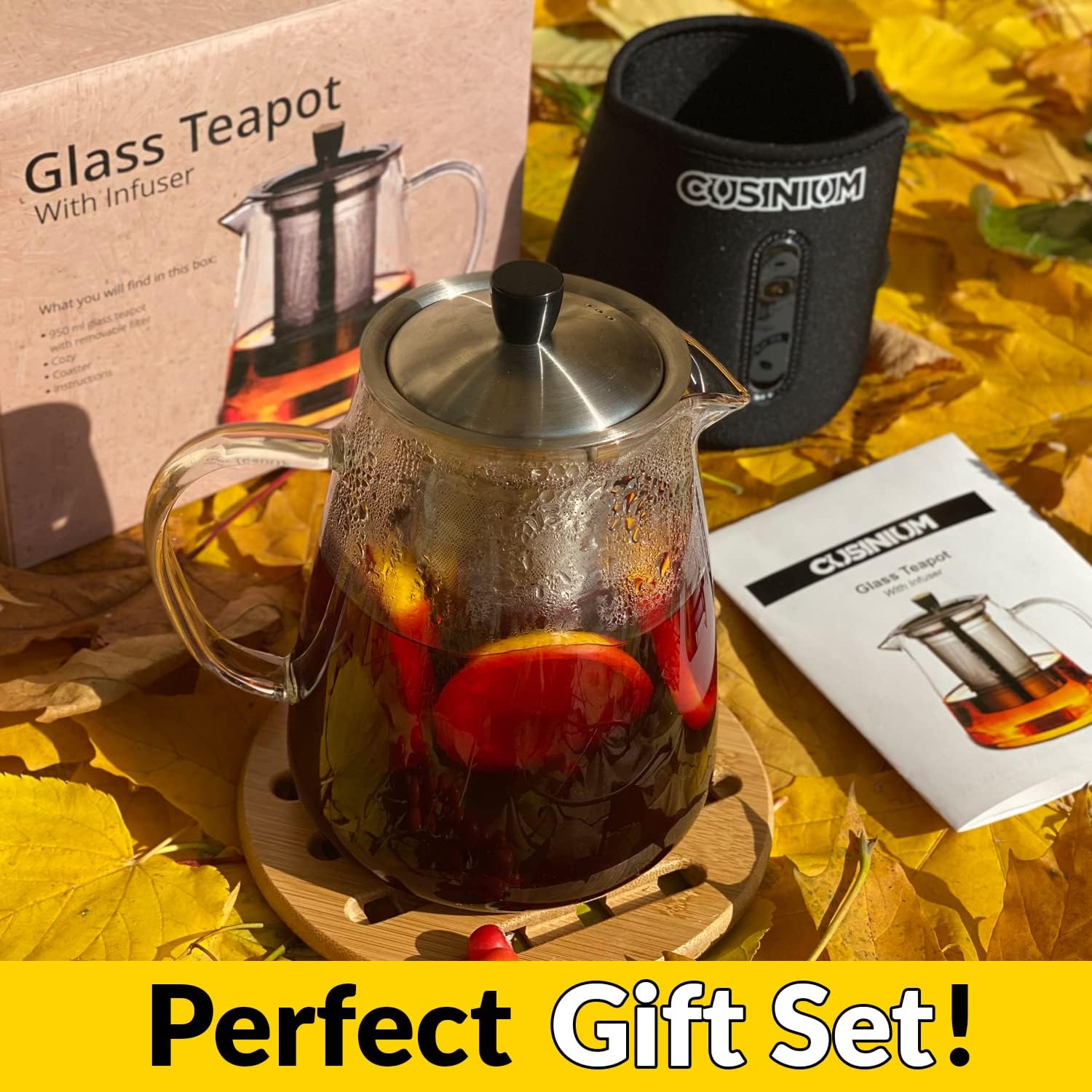 CUSINIUM Glass Teapot Set - Teapot Set: Gift Box, Cozy Warmer, Bamboo Trivet, Tea Kettle