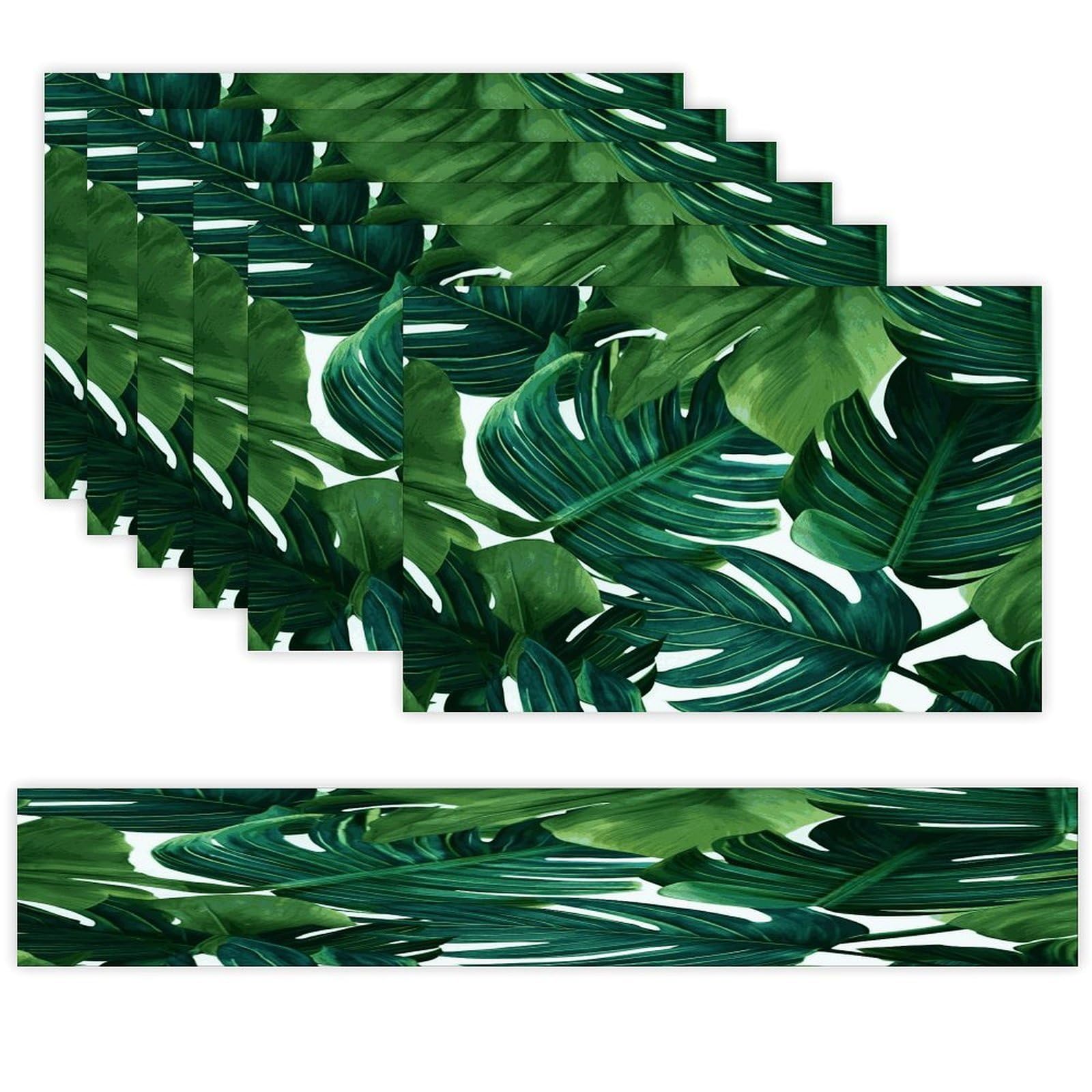 Banana Leaves Table Runner and Placemats Set of 6 for Kitchen Washable Table Mats Heat Resistant Place Mats Non-Slip Place Mat Wipeable Placemat(6 Placemats+1 Table Runner)