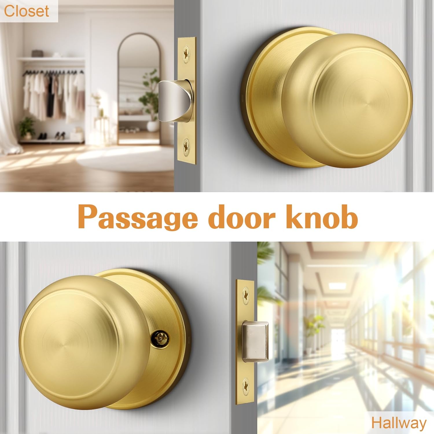 Probrico 4 Gold Dummy Door Knobs and 6 Closet Door Knobs Bundle Set, Brushed Gold Interior Door Knobs for Pantry Hallway