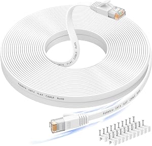 50 ft Ethernet Cable, Cat6e/Cat6 Long Ethernet Cable with Snagless Rj45 Connector, High Speed Patch Cord Than Cat 5e/Cat 5, Flat White Shielded LAN Cable for Ethernet Network Switch, PS4 and Modem