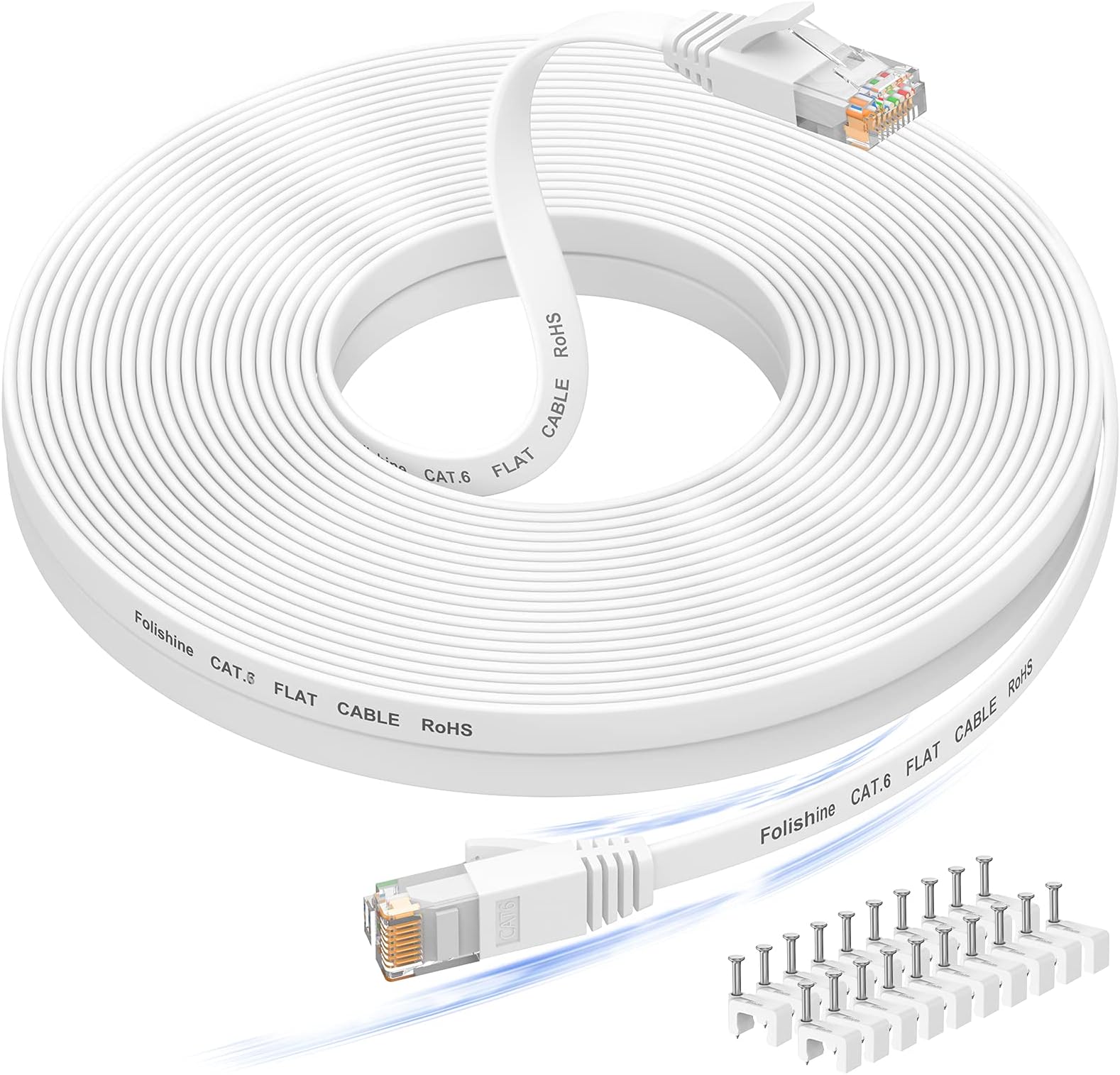 Folishine Cat 6e/Cat 6 50 ft Long Ethernet Cable, Snagless Rj45 Connector, High Speed Patch Cord Than Cat 5e/Cat 5, Flat White Shielded LAN Cable for Ethernet Network Switch, PS4 and Modem
