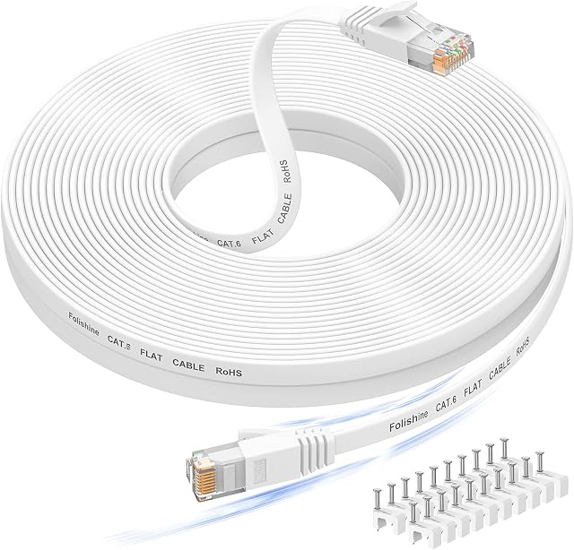 50 ft câble Ethernet, Cat6e/Cat6 Câble Ethernet long avec sans ardeur Rj45 Connecteur, cordon de patch haute vitesse que Cat 5e/Cat 5, Blanc plat blindé LAN Câble pour commutateur réseau Ethernet, PS4 et modem