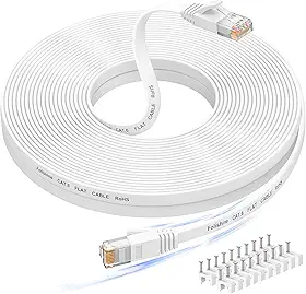 Folishine Cabo Ethernet de 15 metros, Cat 6e/Cat 6, alta velocidade, cabo LAN branco plano blindado para switch de rede Ethernet, PS4 e modem