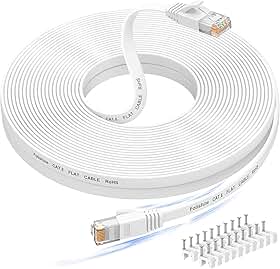Folishine Cabo Ethernet de 15 metros, Cat 6e/Cat 6, alta velocidade, cabo LAN branco plano blindado para switch de rede Ethernet, PS4 e modem