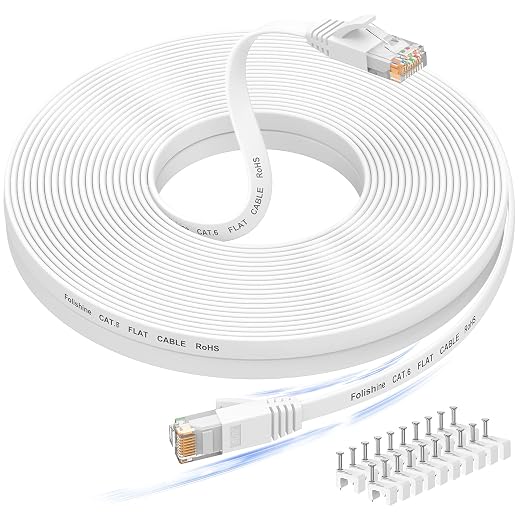 50 ft Ethernet Cable, Cat6e/Cat6 Long Ethernet Cable with Snagless Rj45 Connector, High Speed Patch Cord Than Cat 5e/Cat 5, Flat White Shielded LAN Cable for Ethernet Network Switch, PS4 and Modem