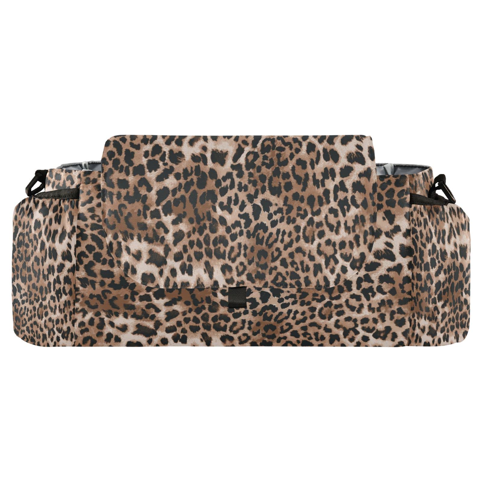 Borsa organizer per passeggino con stampa leopardata, universale, con 2 portabicchieri, cinghie regolabili e gancio per passeggino, adatta per biberon, pannolini, telefono, giocattoli
