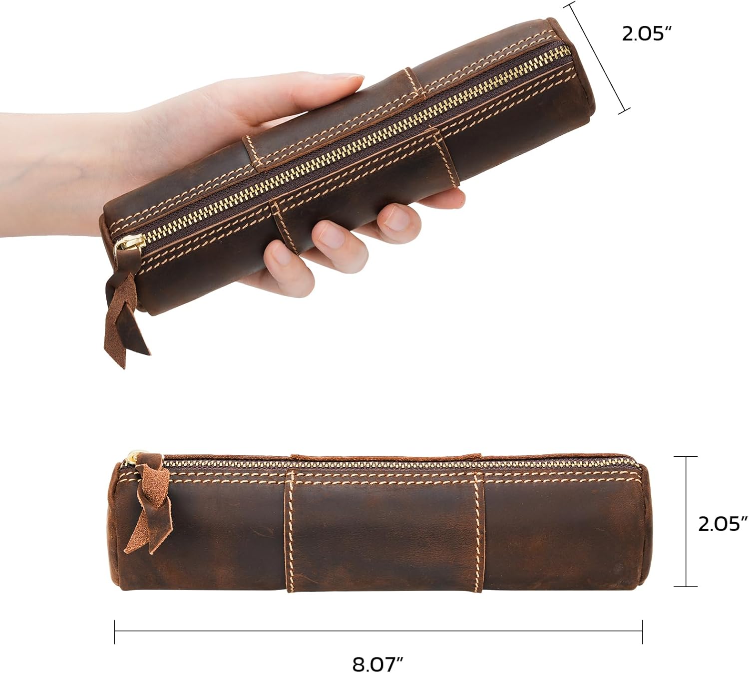 ECHSRT Genuine Leather Pencil Case, Full-Grain Cowhide Leather Pouch, Small Pencil Pouch for Men, Vintage Pen Bag for Adults, Stationery Organizer Case for Work & Travel-Cylinder-Coffee