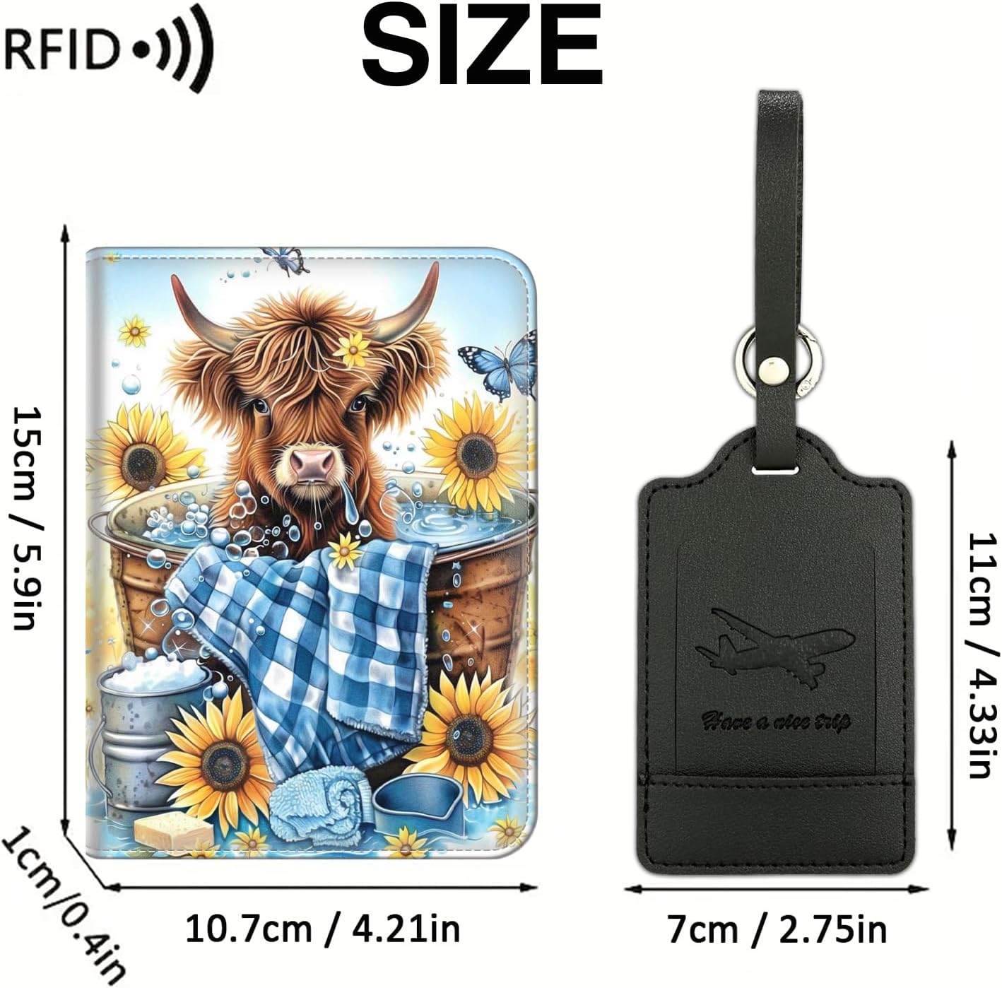 Passport Wallet, Passport Holder with RFID Blocking and Luggage Tag, Waterproof PU Leather Travel Documents Organizer Case, Passport Covers with Card Slot for Women & Men, Cute Baby Cow Sunflower image 2