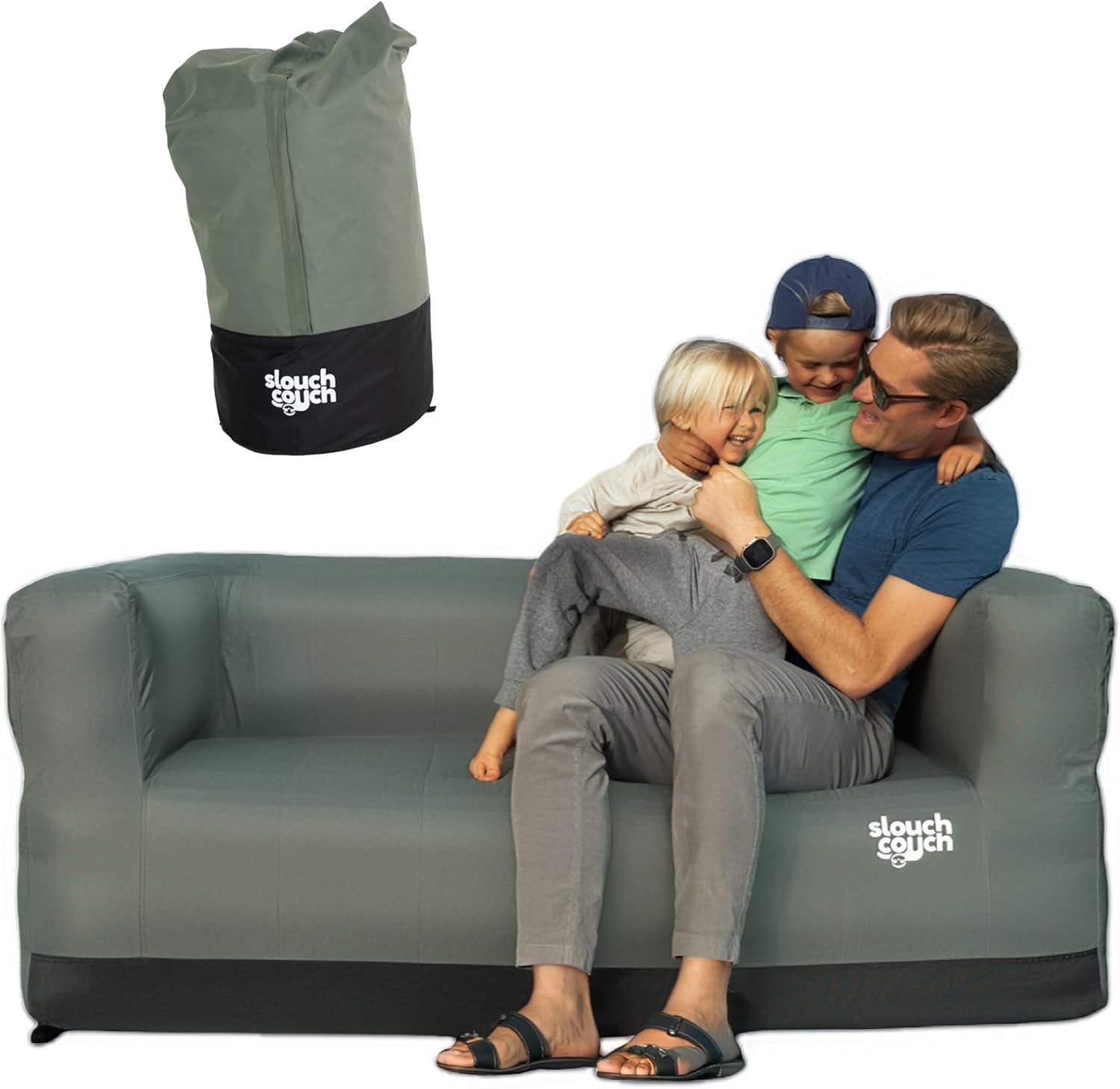 Slouch Couch | Air Sofa with Built-in Pump, Hidden Cup Holders, Storage Pockets | Durable Blow Up Couch with High-Performance Fabric for Camping, Beach, Home & Outdoors (Happy Camper)
