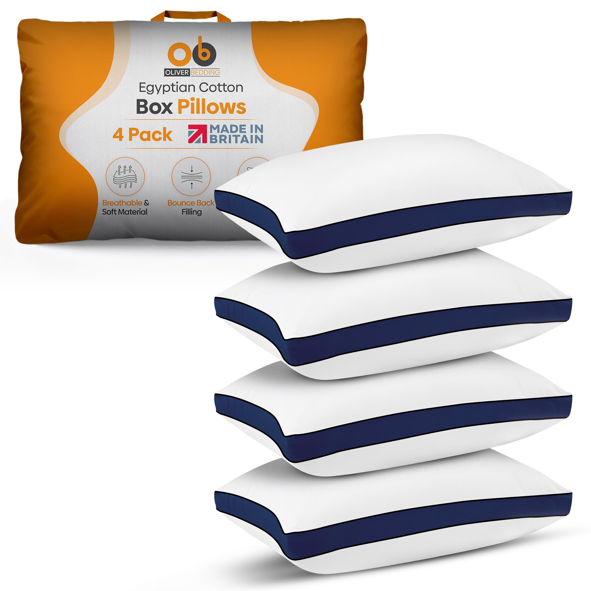 Premium Egyptian Cotton Box Pillows Hotel Quality Pillows for Back Stomach and Side Sleepers Down Alternative Filling Bed Pillow Hypoallergenic Breathable Washable Cover (Pack of 4) (Navy)