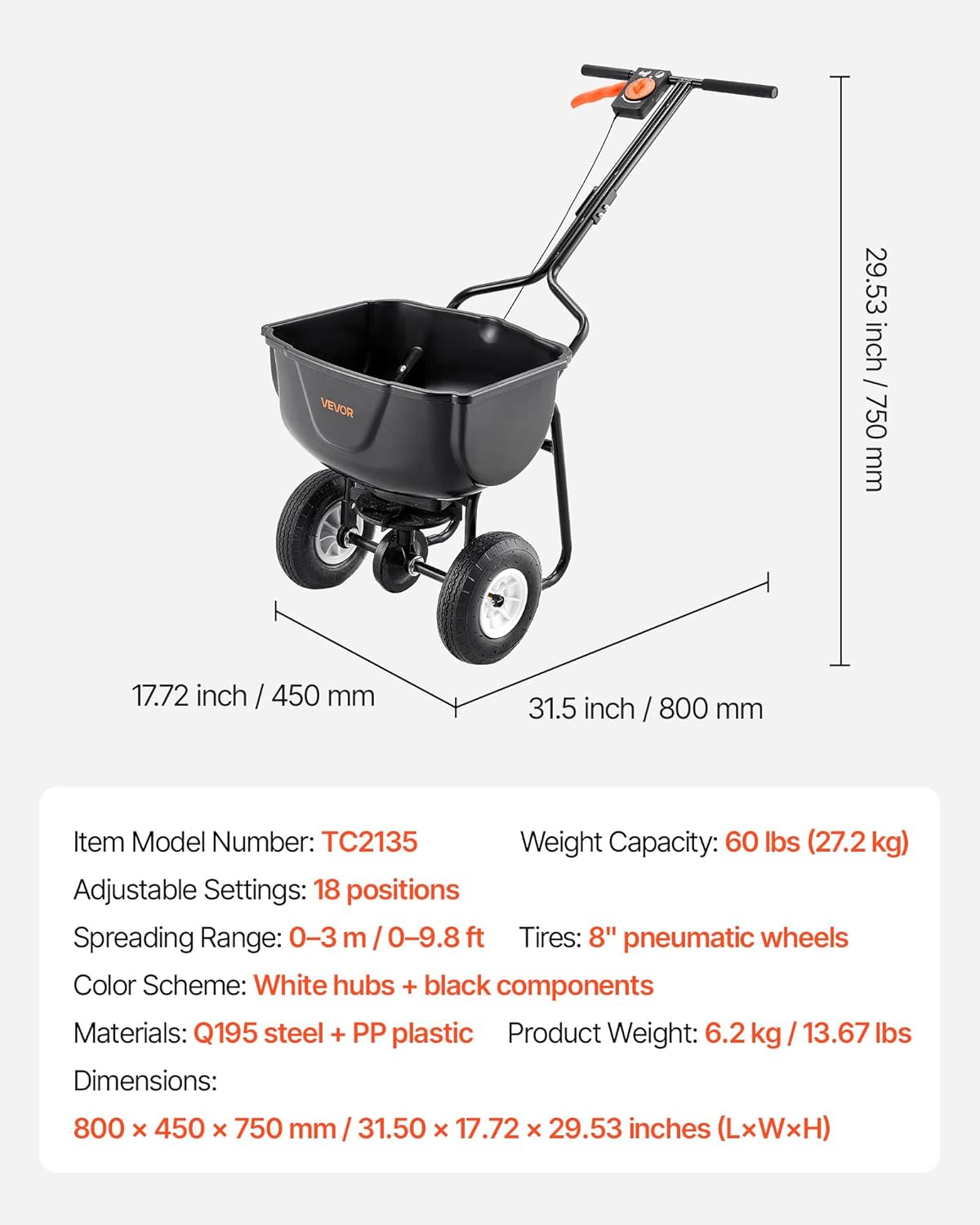 Diagram showing dimensions and specifications of the VEVOR 60LB Walk Behind Spreader