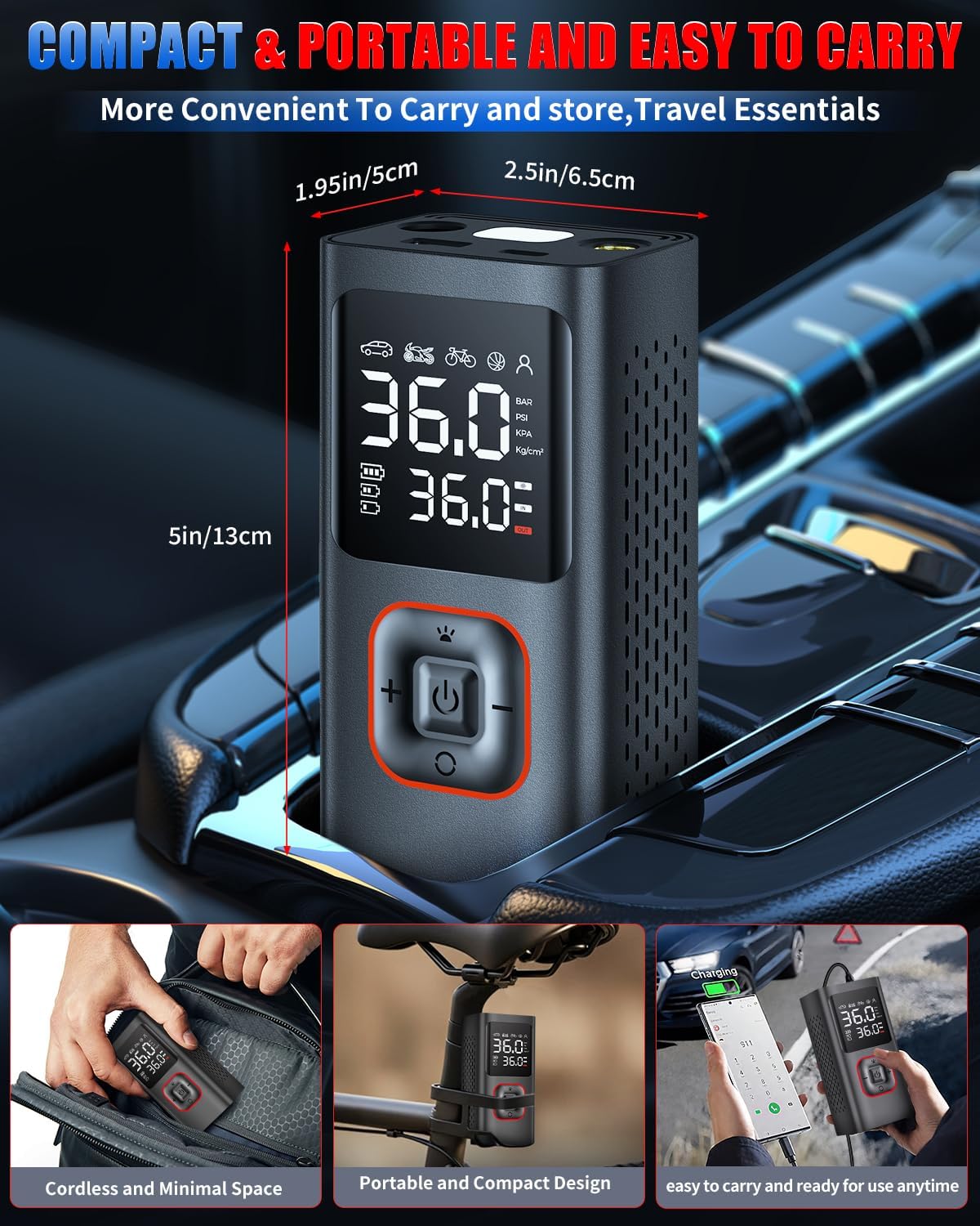 Tire Inflator Portable Air Compressor Cordless Tire Air Pump for Car 150PSI Mini Smart Inflator Fast Inflation and Auto Shutoff with Digital Pressure Gauge LED Light USB Port for Bike Motorcycle Ball