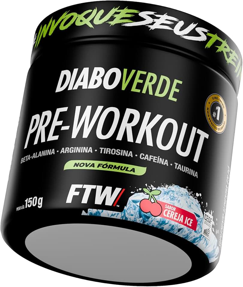 FTW Pré-Treino Diabo Verde - Energia Extrema, Força e Foco - Potência Hardcore com Cafeína, Beta-Alanina - Para Treinos Intensos - sabor: Cereja Ice - Pote 150g