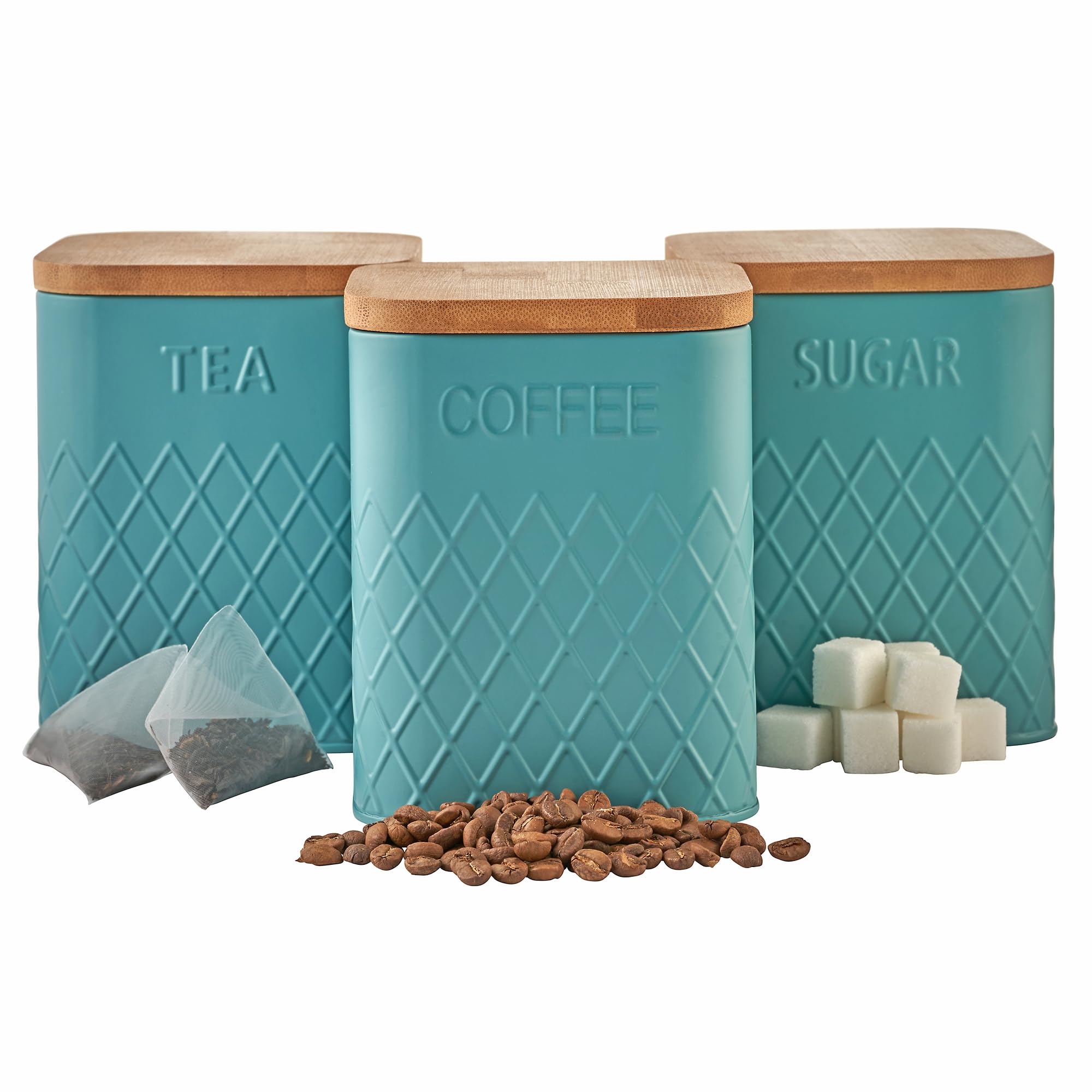 Cooks Professional 3 Piece Tea, Coffee & Sugar Square Cannister Set with Bamboo Lids | Diamond Pattern Labelled Stainless Steel Kitchen Storage Bins Airtight Containers | Teal