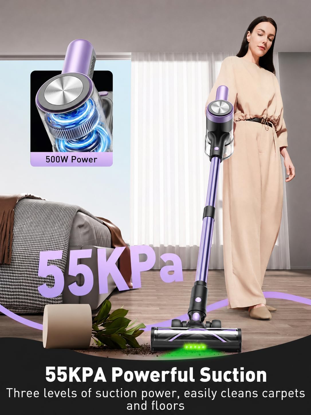 Cordless Vacuum Cleaner for Home, 55KPa Powerful Suction, Self-Standing Stick Vacuum with Charging Dock, Anti-Tangle Brush, Lightweight for Pet Hair, Carpet, Hardwood Floor(Purple)