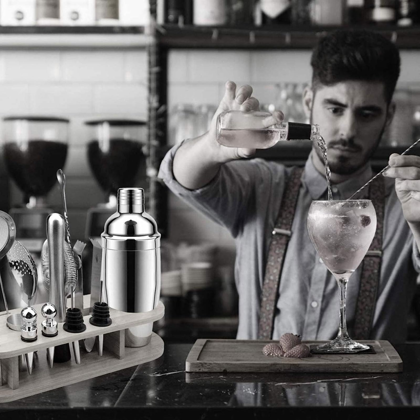 Set di 20 shaker for cocktail in acciaio inossidabile con supporto in acrilico, kit da barista for miscelazione di bevande e bar di casa(Svart)