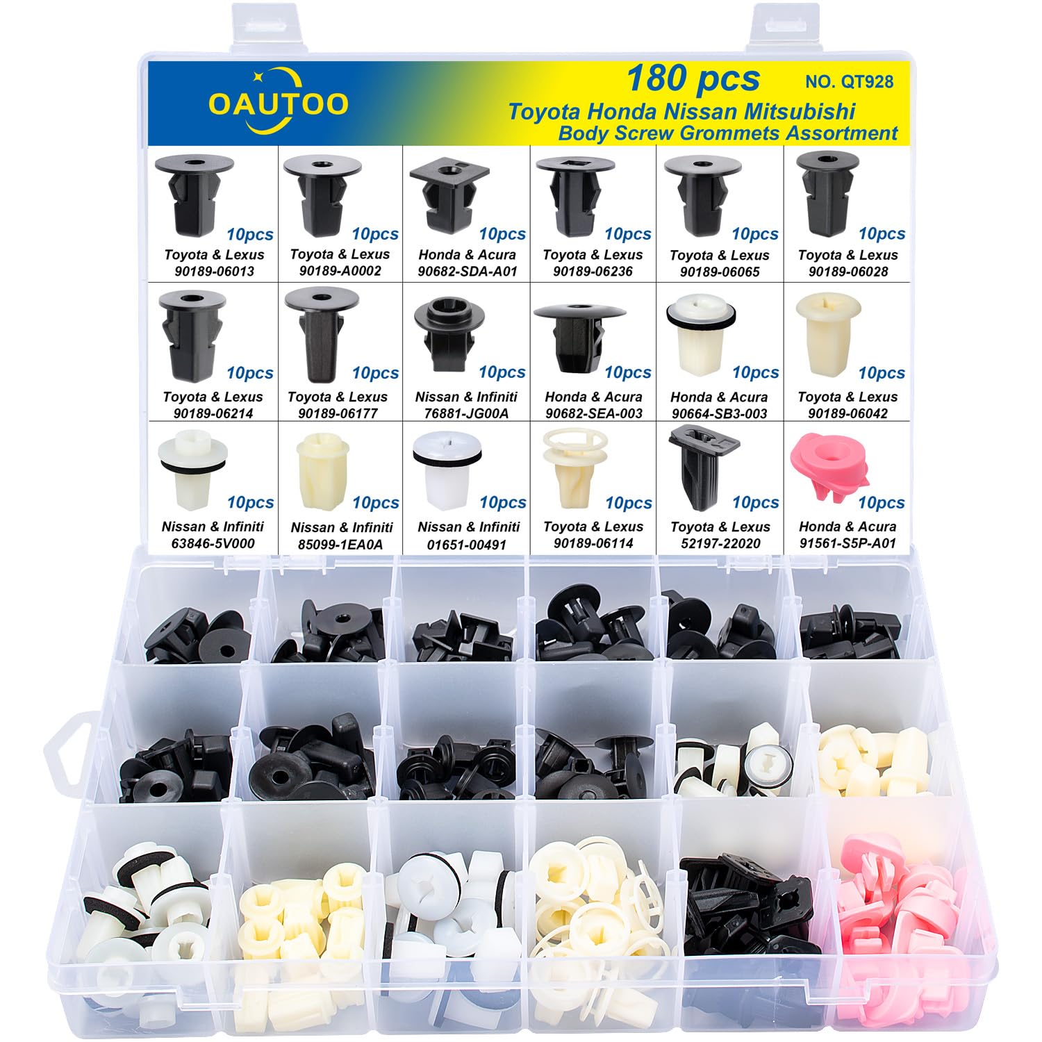 OAUTOO 180pcs Automotive Body Screw Grommets Assortment for Toyota Lexus Honda Acura Nissan Infiniti Mazda for Bumper Cover Fender Liner Wheel Apron Rocker Panel & Side Bracket