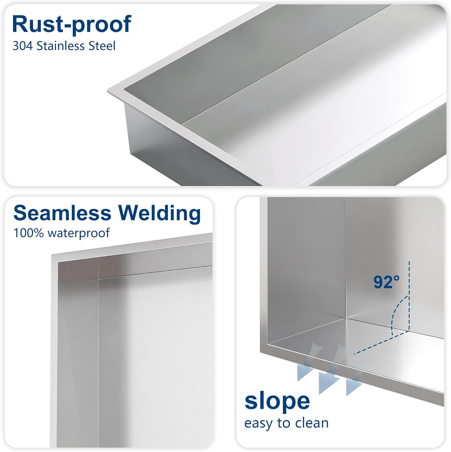 Close-up images highlighting the rust-proof 304 stainless steel, seamless welding, and sloped interior design of the shower niche.