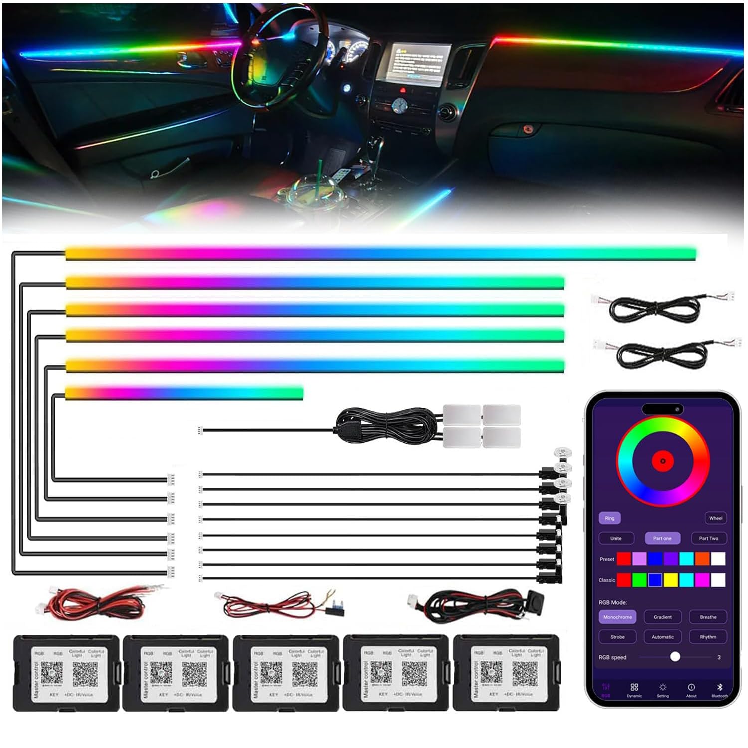 Photo 1 of Acrylic Interior Car LED Strip Light with Wireless APP, RGB 18 in 1 with 175 inches 593 LEDs Fiber Optic Ambient Lighting Kits, 16 Million Colors Sound Active Function Car Neon Lights