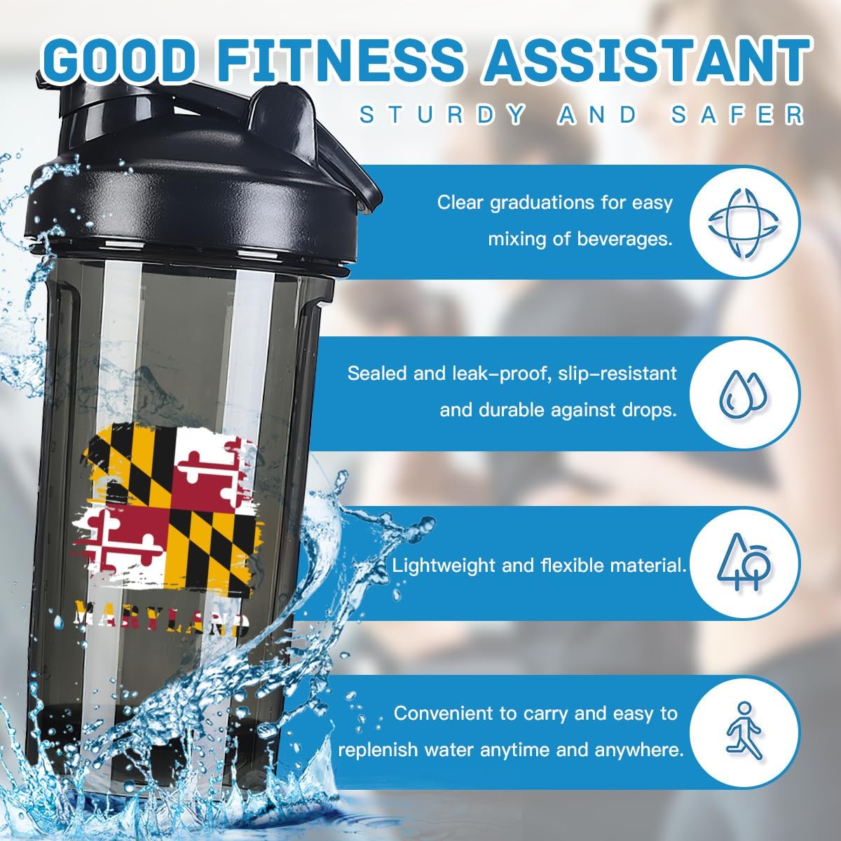 Vintage Maryland Marylander Flag 18 Ounce Shaker Cup,Fashion Theme Pattern Shaker Bottle Leak-proof Workout Shake Bottles 500ML/18 oz Perfect for Pre Workout-2 Black 0 image 2 of 9 B0DP8BKSL1