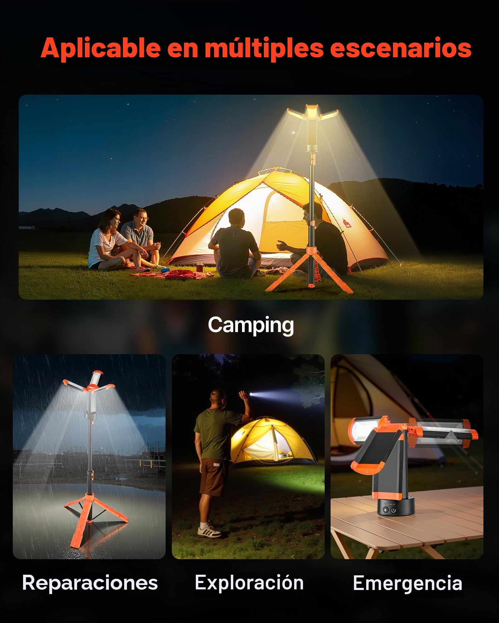 VEVOR Luz de Trabajo LED con Trípode 8 Ah, Foco Recargable de Trabajo con 3 Cabezales, Recargable, Inalámbrica, 2200 Lúmenes, 3000 K-6500 K, Iluminación Portátil para Obras de Construcción, Camping