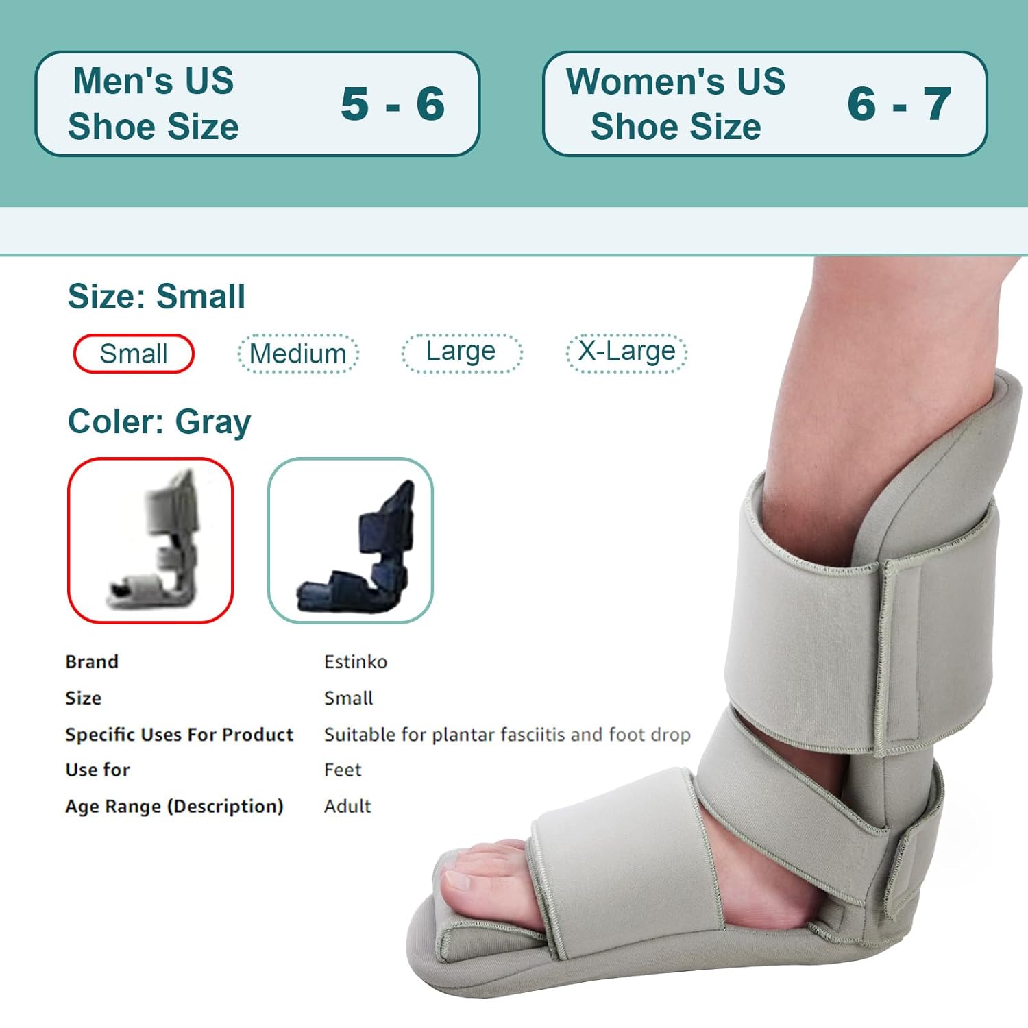 Plantar Fasciitis Night Splint – Adjustable Night Splint for Plantar Fasciitis Women & Men, Relieve Heel Pain, Achilles Tendonitis, Drop Foot Support Gray Large