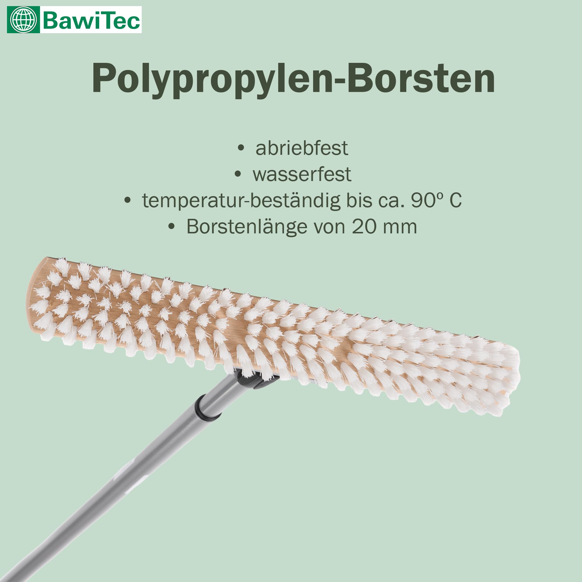 BawiTec Qualitäts Großraumschrubber 40cm mit Teleskopstiel Verstellbar 200cm PPN-Borsten Weiß Stabiler Bodenschrubber Schrubberbürste aus Holz für Haushalt, Küche, Bad, Gastro, Gewerbe