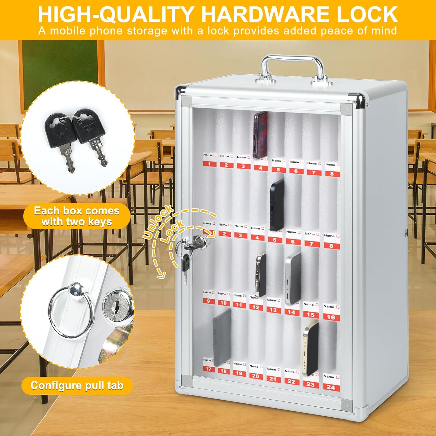 24 Slots Aluminum Alloy Cell Phone Holder Classroom,Cell Phone Storage Cabinet Pocket Chart,for Cell Phones Wall-Mounted with a Locked,Movable,Can be Carried by Hand (24 Slot)
