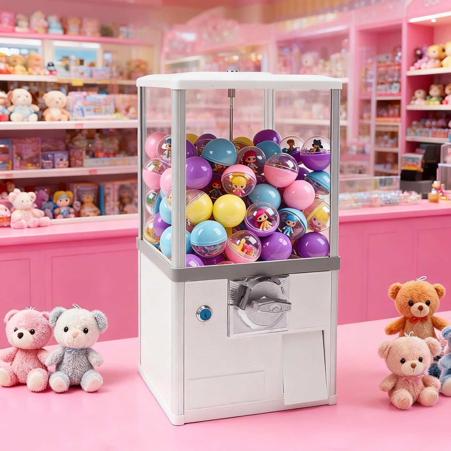 25 Cents Vending Machine, Commercial Candy Gumball Machines with Lock, Large Capsule Vending Machine for 1.77-1.97in Balls, Suitable for Game Rooms, Retail Stores, Arcades (White)