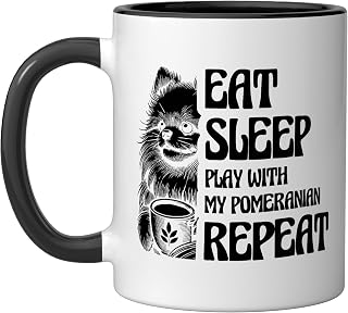 Eat Sleep Play With My Pomeranin Repeat Pomeranians Pom Dog Ceramic Mug, Black/White
