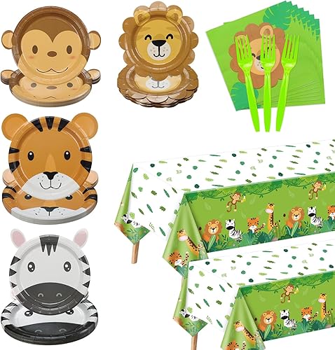 Decoraciones de fiesta de safari en la selva incluye platos con forma de animales, mantel de safari, servilletas, tenedores, suministros de fiesta