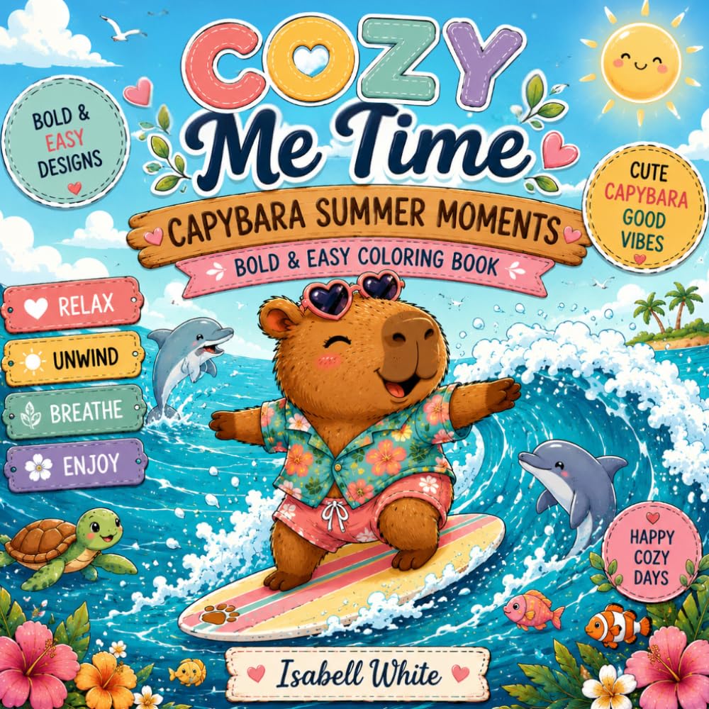 Coloring Book Cozy Me Time: Capybara Summer Moments: Cute and Cozy Coloring Book for Adults and Teens Featuring Surfing Capybaras, Tropical Vacation ... Beach Days, and Happy Ocean Scenes