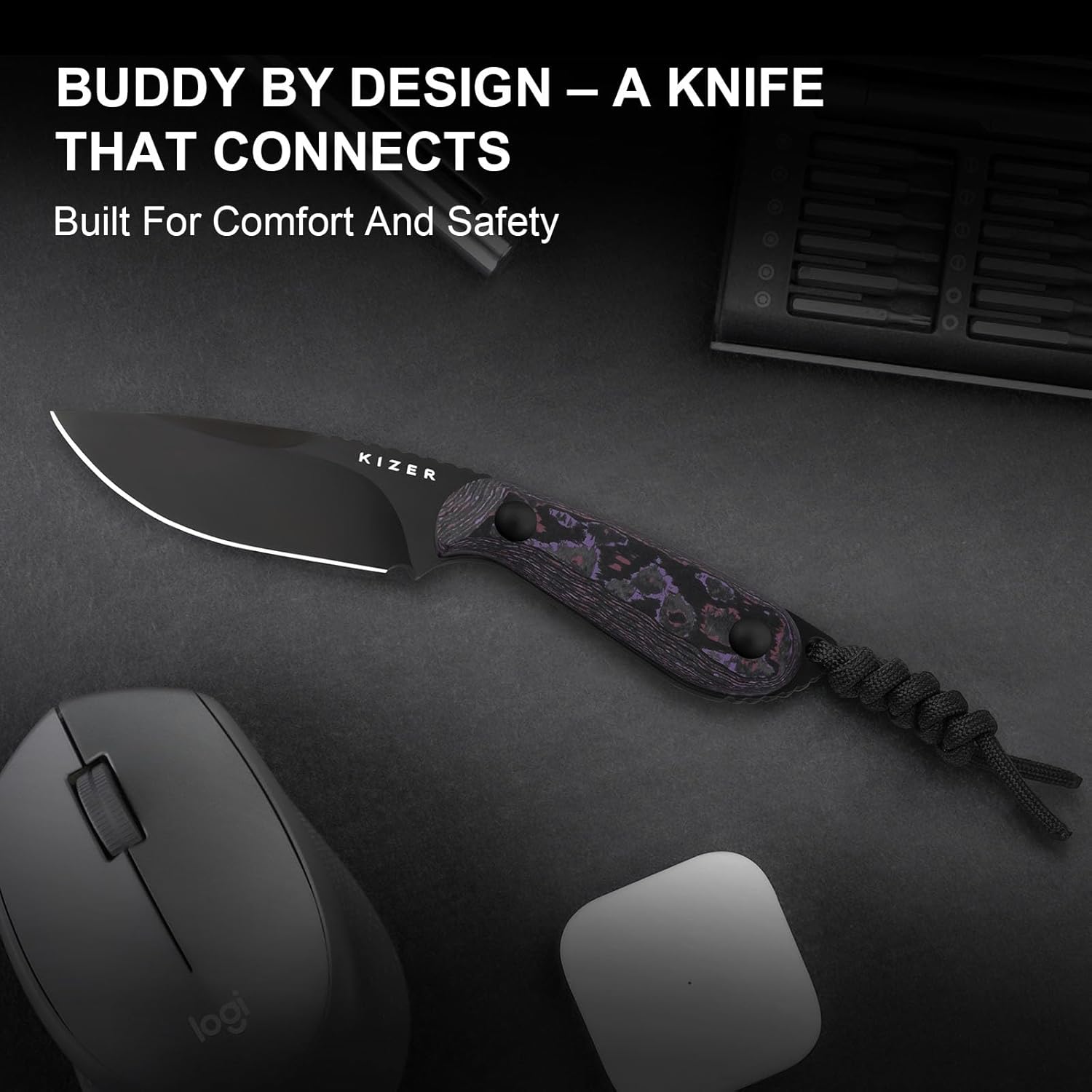 Kizer Buddy Fixed Blade Knife, 3" 4V Blade Camping Knife with Purple Fat Carbon Purple Haze Handle, Compact EDC Fixed Blade Knives with Sheath for Hiking Hunting Survival 1081A10