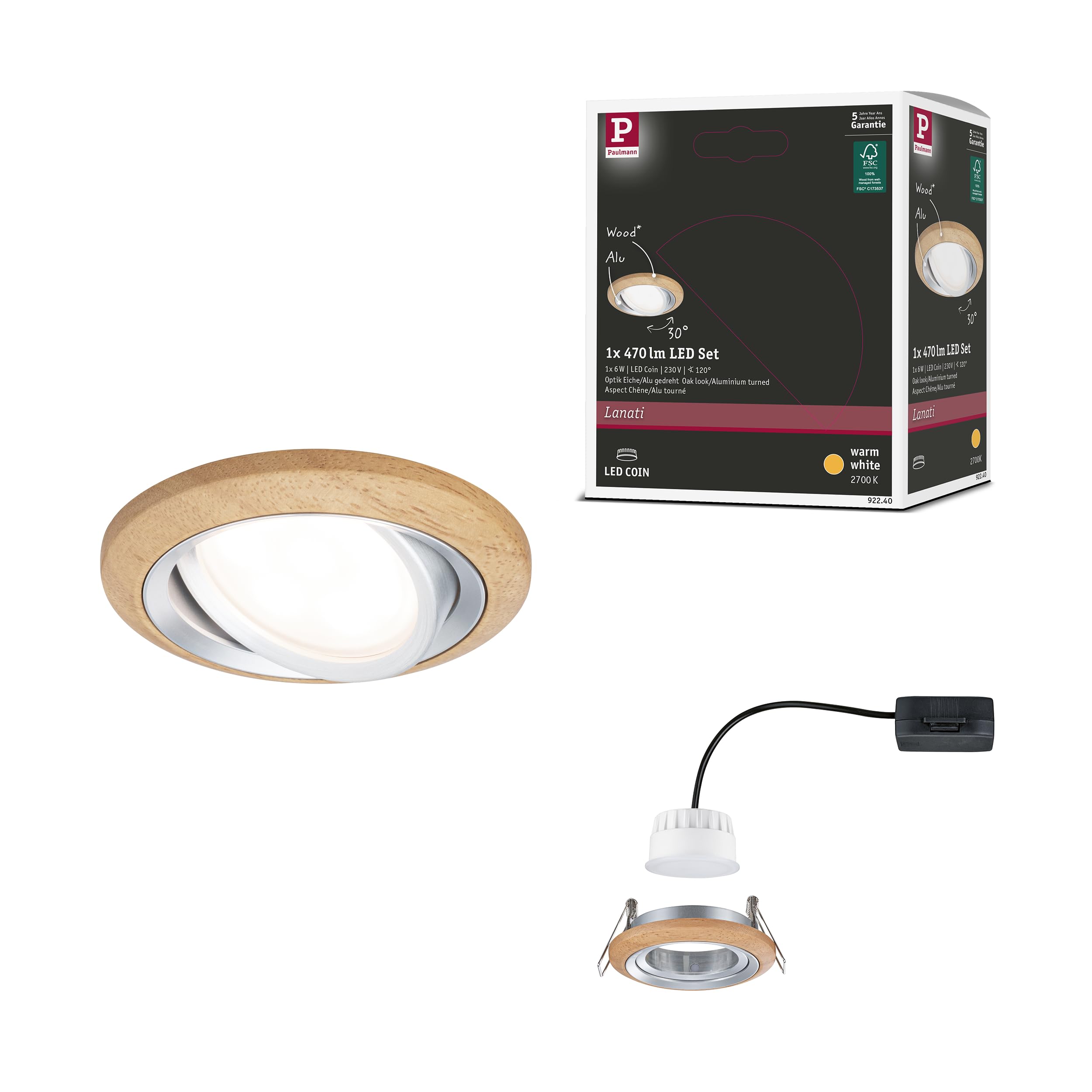 Paulmann Set Lanati Coin RL Swivel LED 1x6W 470lm 230V Wood Aluminium 92240