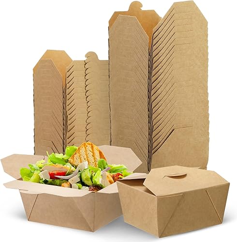 100 recipientes de comida para llevar de 30 onzas, desechables, para microondas, papel kraft marrón, cajas para llevar, resistentes a las fugas,