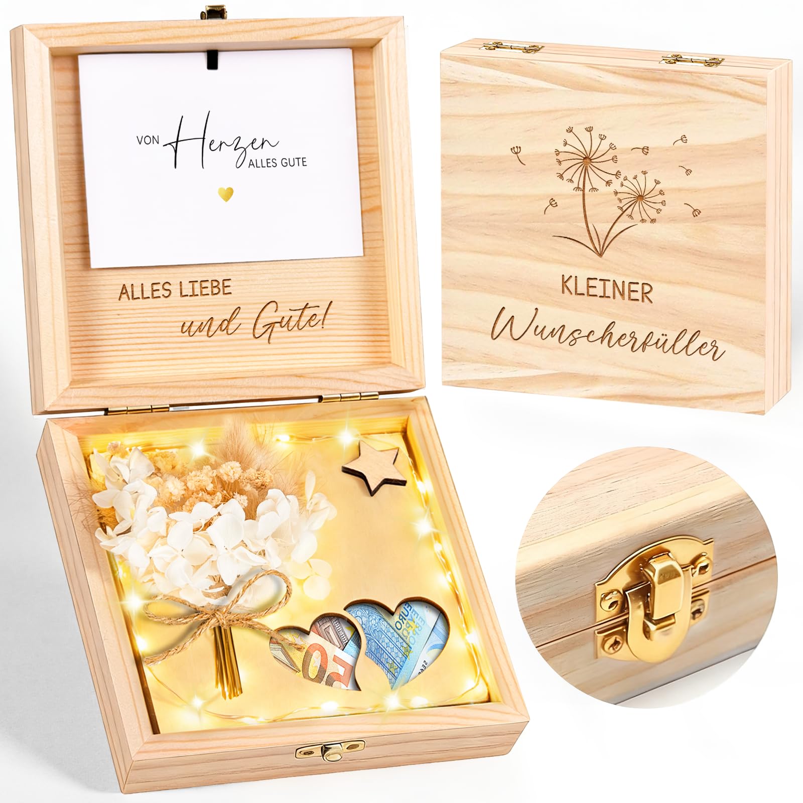 Wunscherfüller Geldgeschenk Verpackung aus Holz - „Kleiner Wunscherfüller“ Geschenkbox mit LED Lichterkette, Kreatives Geldgeschenk für Geburtstag Hochzeit Weihnachten Konfirmation Jugendweihe