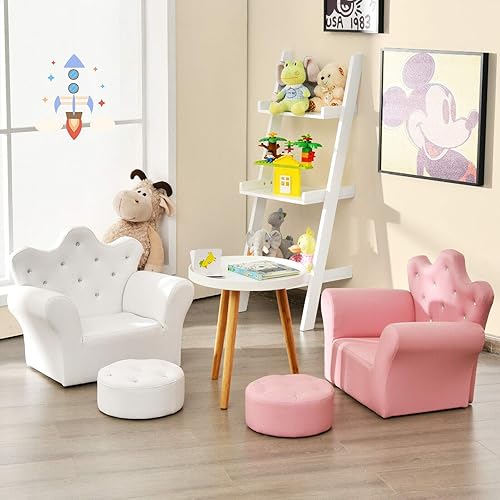 Miniatura 2 de Costzon Sofá para Niños, Sofá Tapizado para Niños con Otomán, Sofá de Princesa con Decoración de Diamantes, Otomán, Silla de Cuero PVC Suave para