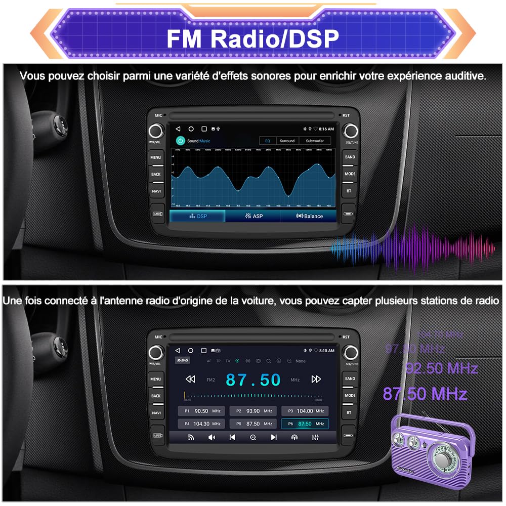 AWESAFE Autoradio Android pour Renault Dacia Duster Sandero Captur Lodgy Symbol Logan Dokker, 7" Écran Tactile [2Go+64Go], CarPlay & Android Auto, GPS, Bluetooth, Commande au Volant, Aide au Parking