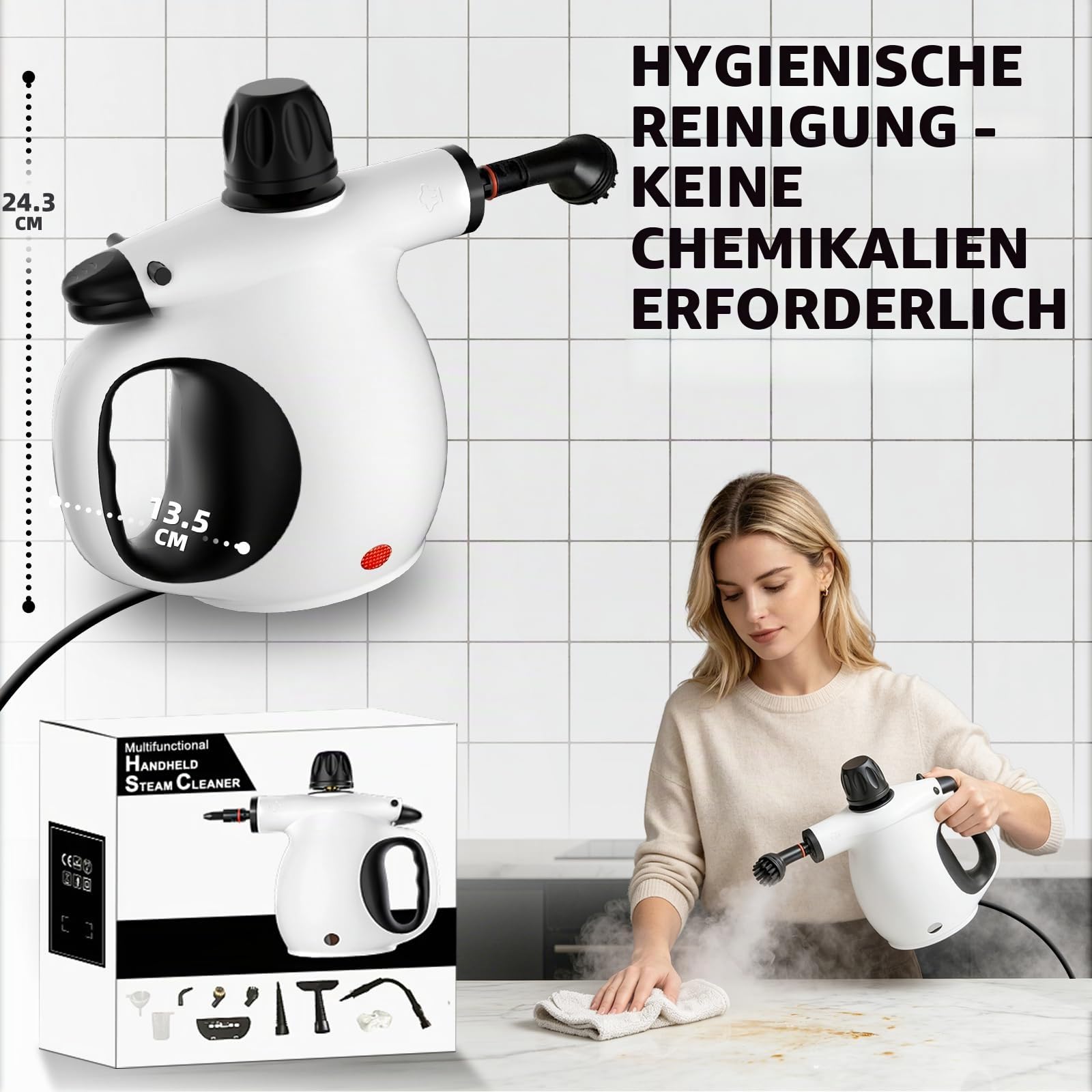 Dampfreiniger Handgerät, Handdampfreiniger 350ML 1300W Reinigungsdampfer, Tragbarer Mehrzweck-Dampfreiniger mit Sicherheitsschloss und 12-teiligem Zubehör-Set zum Entfernen von Schmutz, Fett