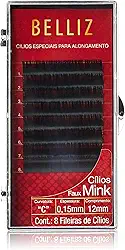 Cílios para Alongamento Mink Curvatura C, Preto, 0.15 x 12 mm, Beliz