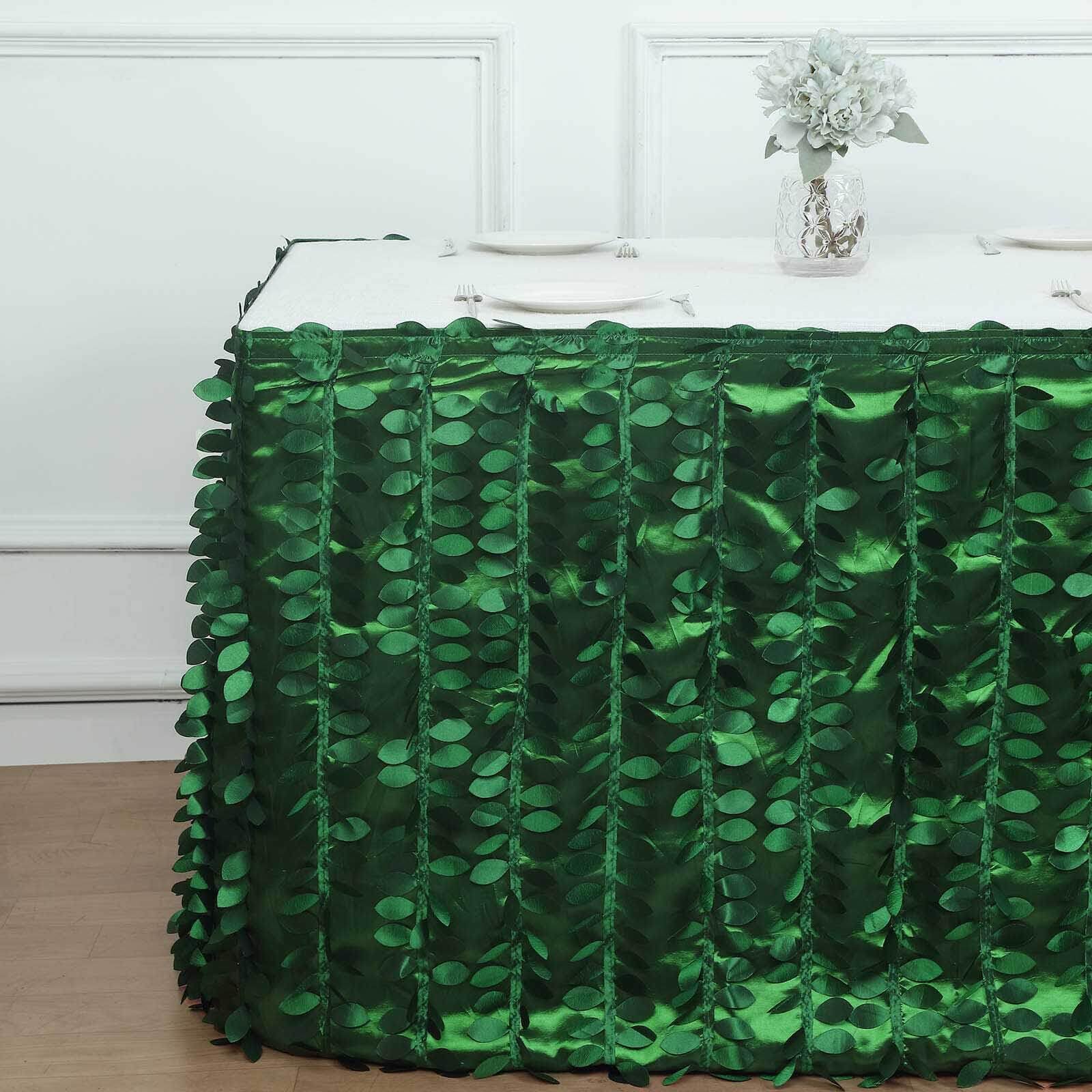 Tableclothsfactory Green 3D Leaf Petal Taffeta Fabric Table Skirt - 21ft