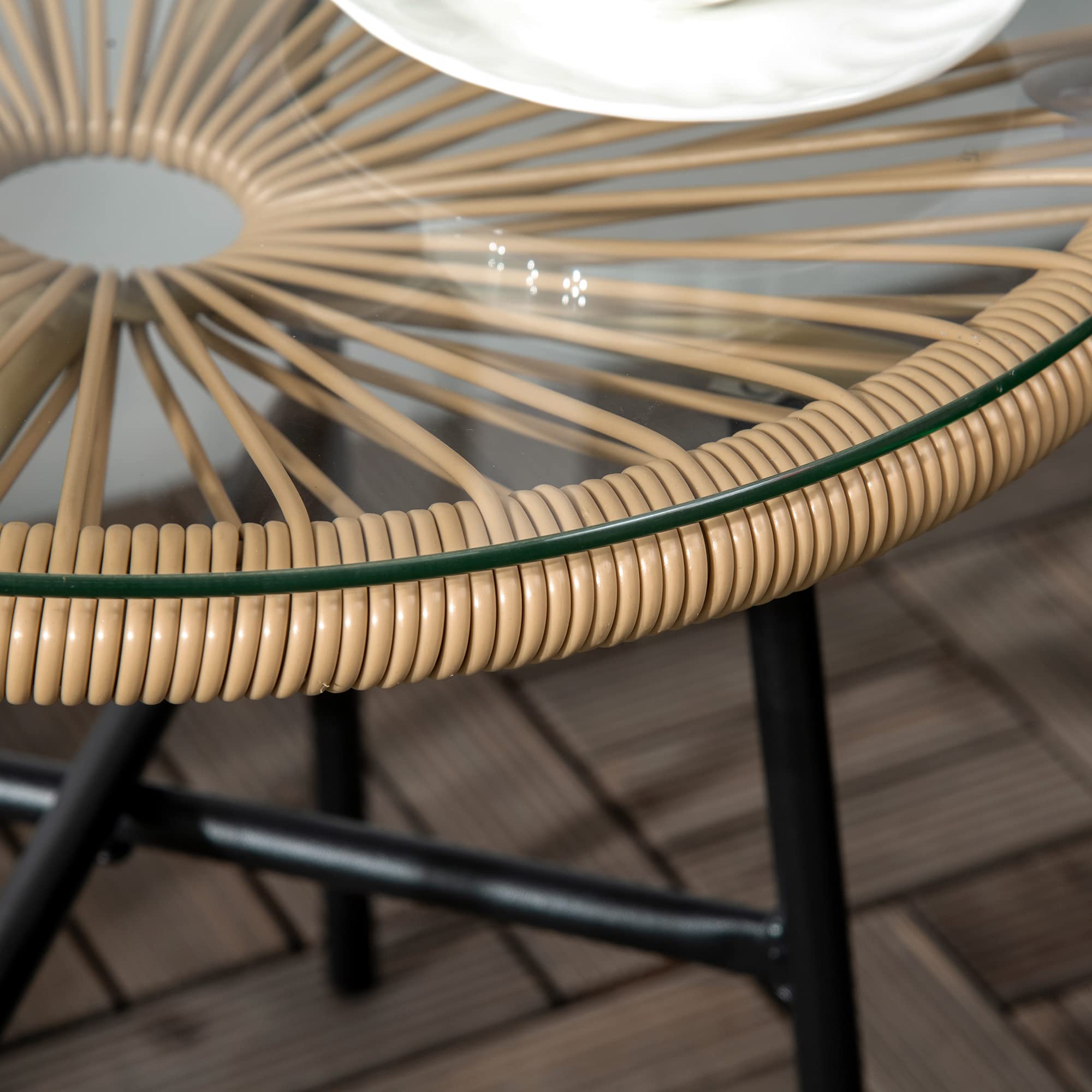 Outsunny Table Basse Ronde Jardin Résine Rotin Métal Plateau Verre Trempé Ø 50 x 50 cm Beige