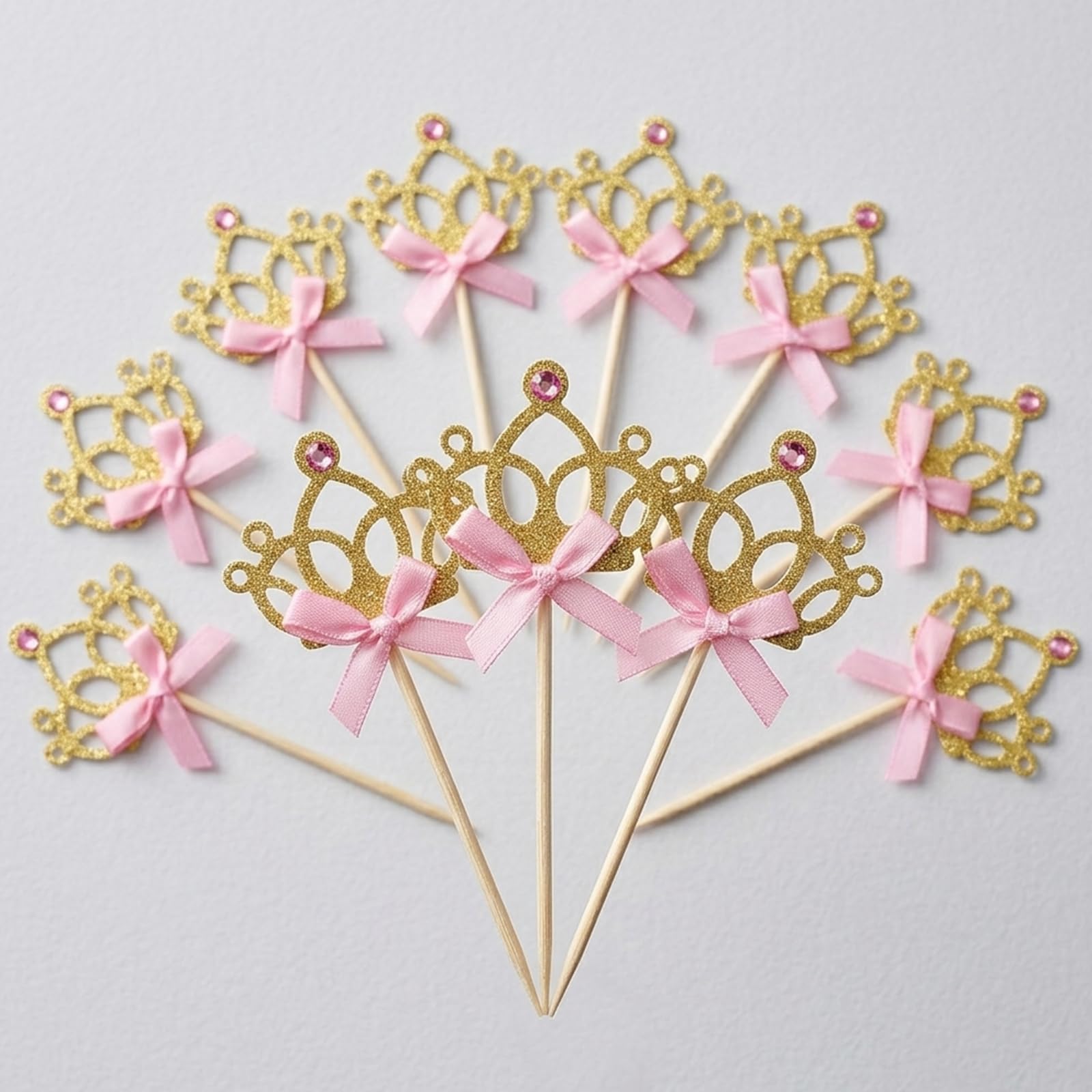 Princess Crown Cake Toppers 12P - Gold Crown with Pink Diamond & Bow Decoration, Pre-Assembled Cupcake Toppers for Birthday Party Decorations