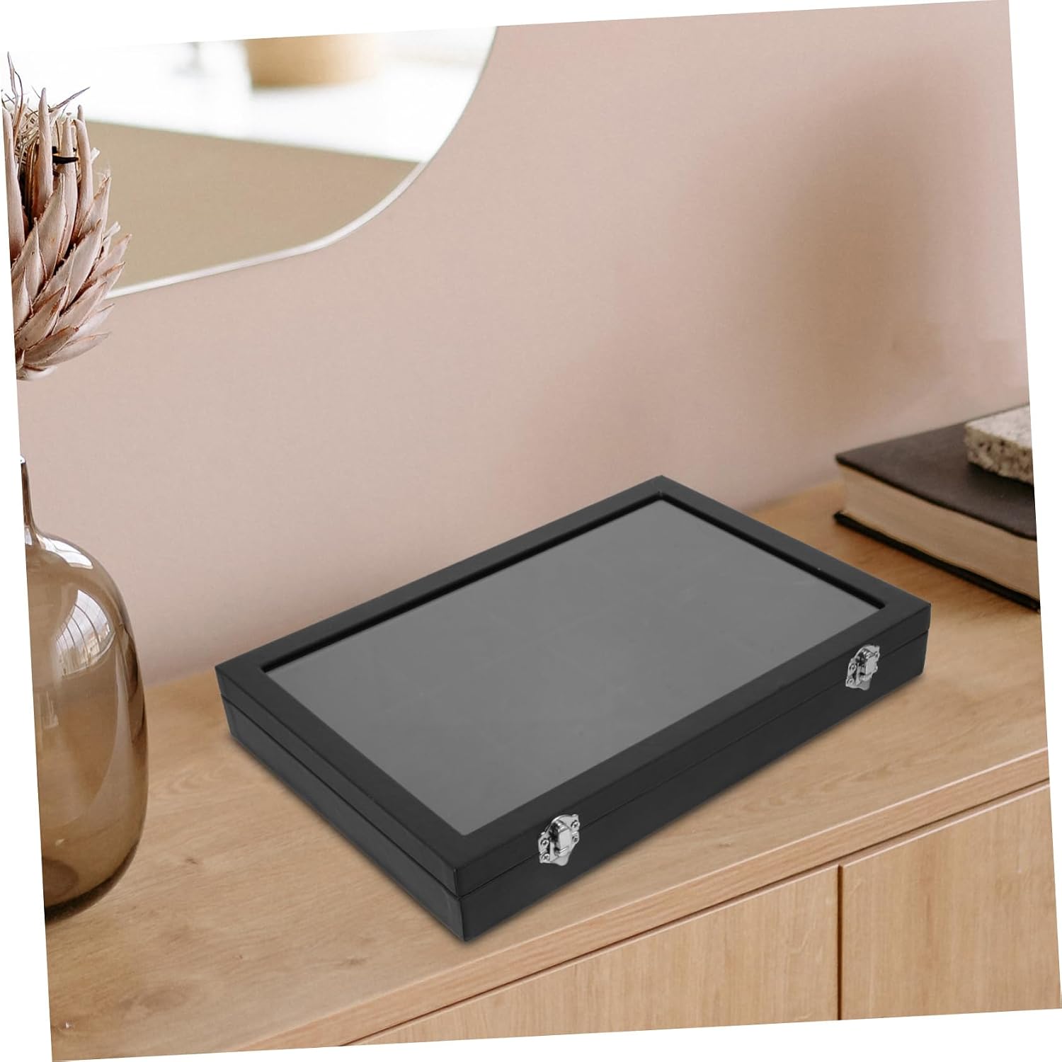 Black Jewelry Storage Box with Lid, Flannelette Acrylic Display Xmas image 3