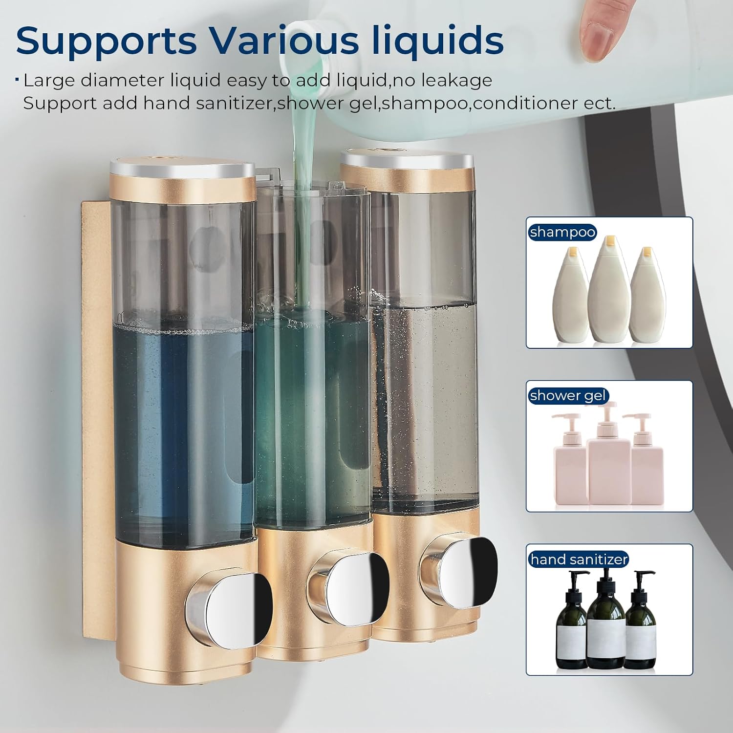 Pollock Shampoo and Conditioner Dispenser 3 Chamber No Drill image 4