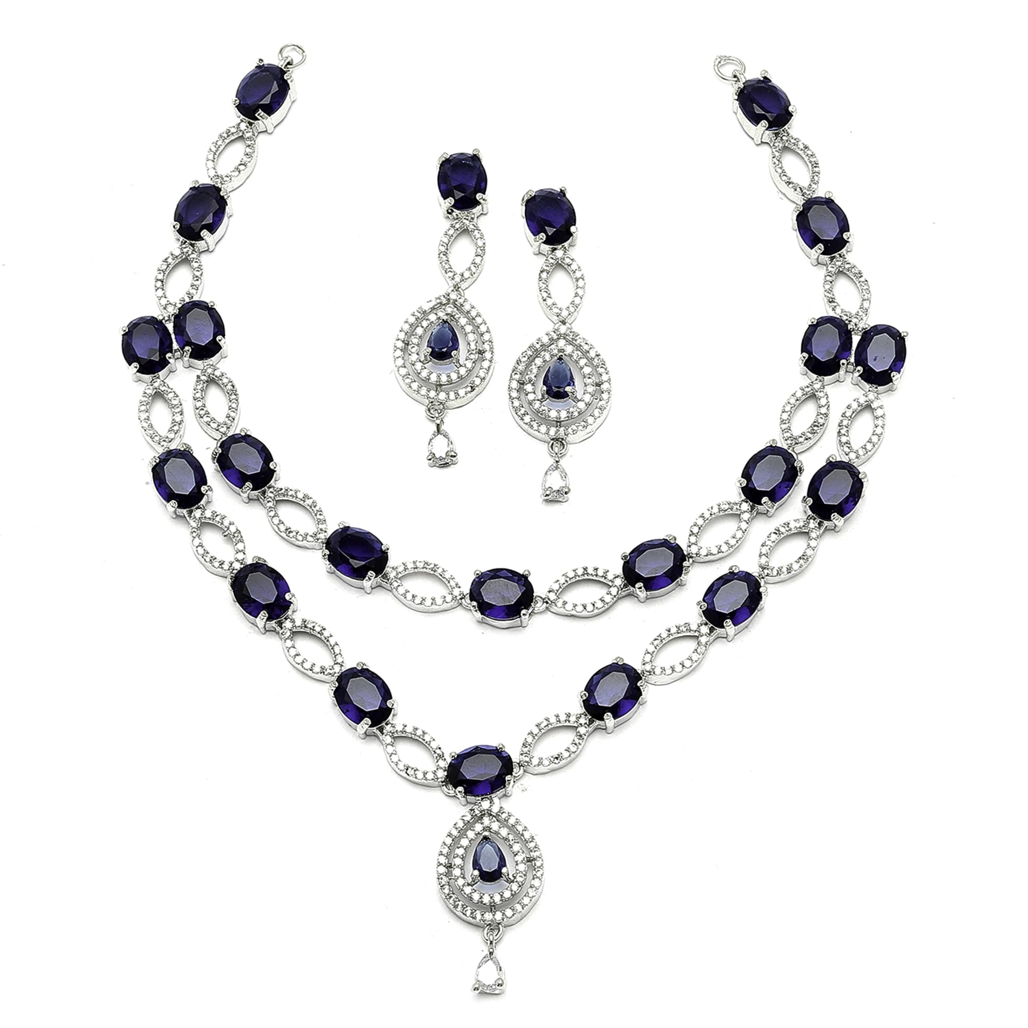 Rhodium-Plated American Diamond Studded Abstract Necklace With Earrings Jewellery Set For Girls and Women