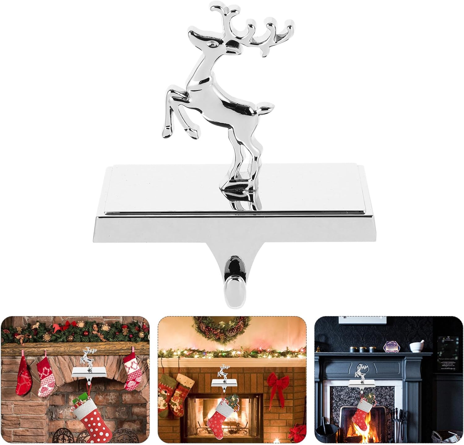 ARTIBETTER Metal Christmas Stocking Holder Silver Reindeer Stocking Hanger Mantle Ornament Hook Non-Slip Xmas Farmhouse Fireplace Stocking Holders