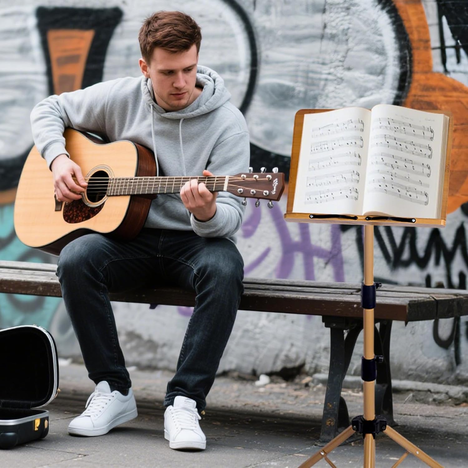 Portable Music Stand - Folding Music & Book Stand with Carrying Bag, Adjustable Height Wooden & Metal Foldable Podium Stand for Sheet Music, Reading, Bible, Laptop, Cookbooks, Projector