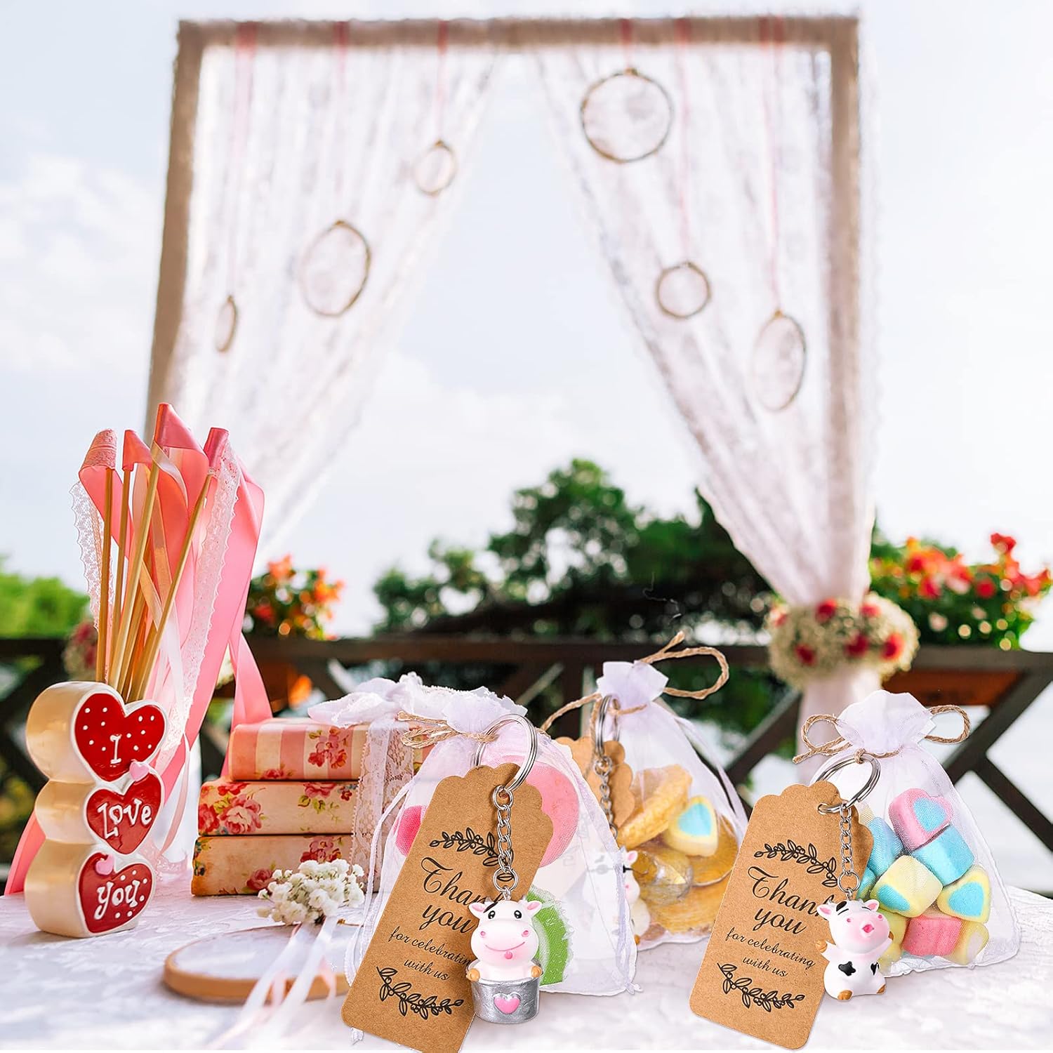 48 Sets Cow Keychains Party Favors for Kids with Organza Bags Thank You Tags Cute Baby Shower Keychain Return Favors Exchange Gifts for Gender Reveal, Classroom Rewards, Cow Themed Party Supplies