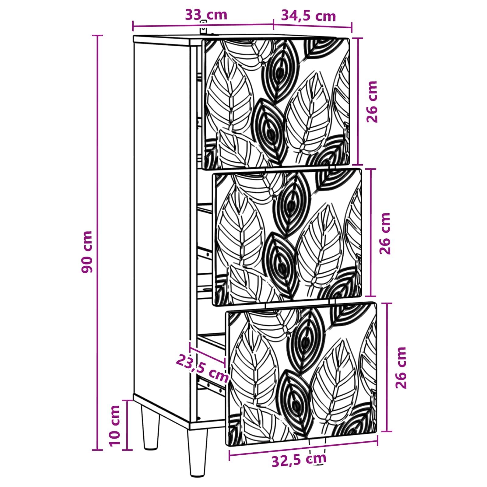 Cassettiera nera in legno 33 x 34,5 x 90 cm con gambe in eucalipto, versatile armadio portaoggetti per ufficio, casa, corridoio e officina
